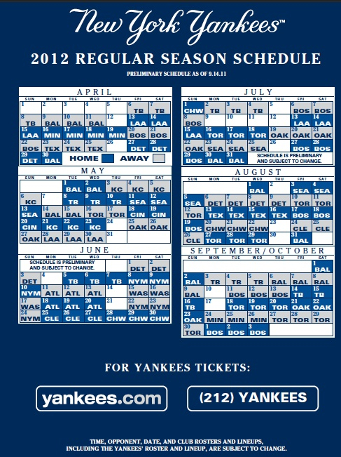 2012 Regular Season Schedule Yankees Schedule Yankees 