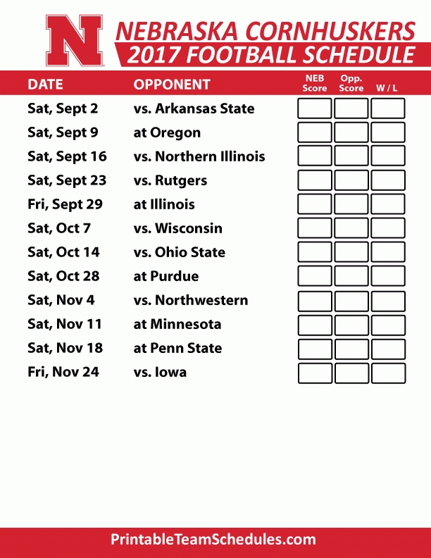 2017 Nebraska Cornhuskers Football Printable Schedule 