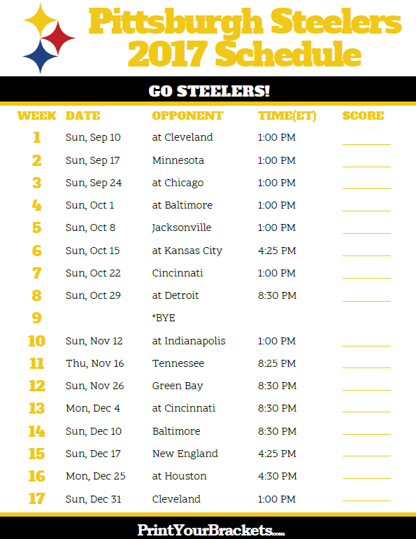 2017 Pittsburgh Steelers Football Schedule Steelers