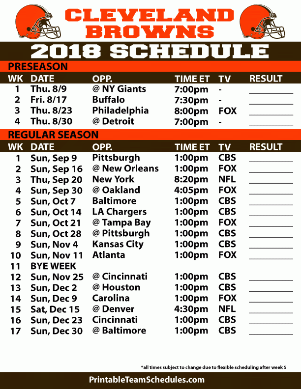 2018 19 Cleveland Browns Printable Schedule Cleveland