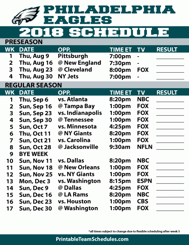 2018 19 Philadelphia Eagles Printable Schedule Yup 