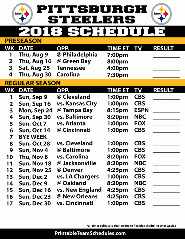 2018 19 Pittsburgh Steelers Printable Schedule 