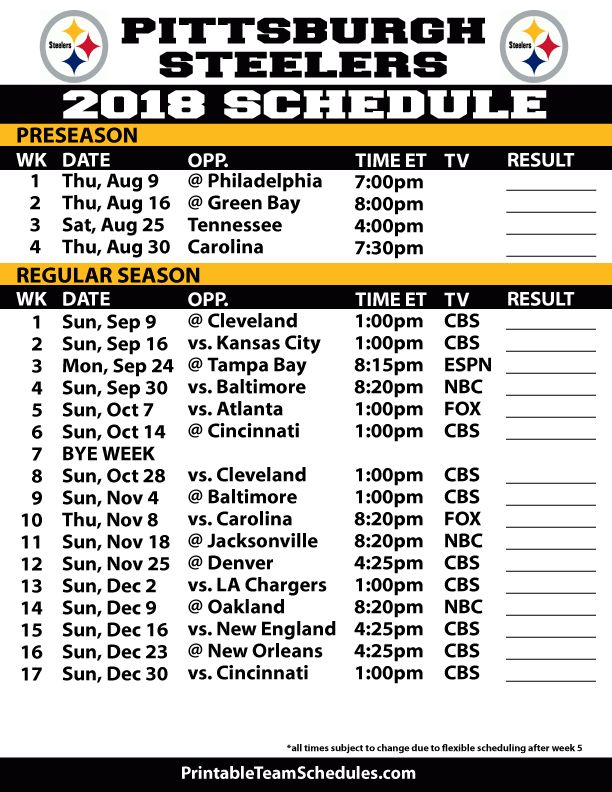 2018 19 Pittsburgh Steelers Printable Schedule 