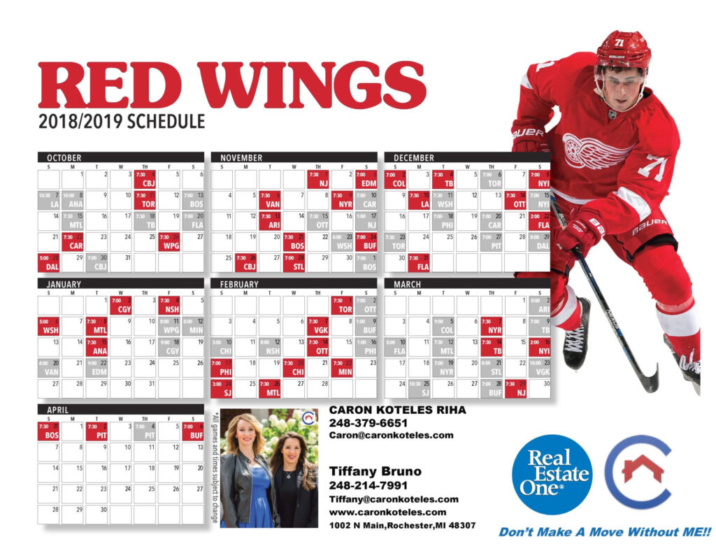 2018 2019 Detroit Red Wings Schedule Caron Koteles Riha