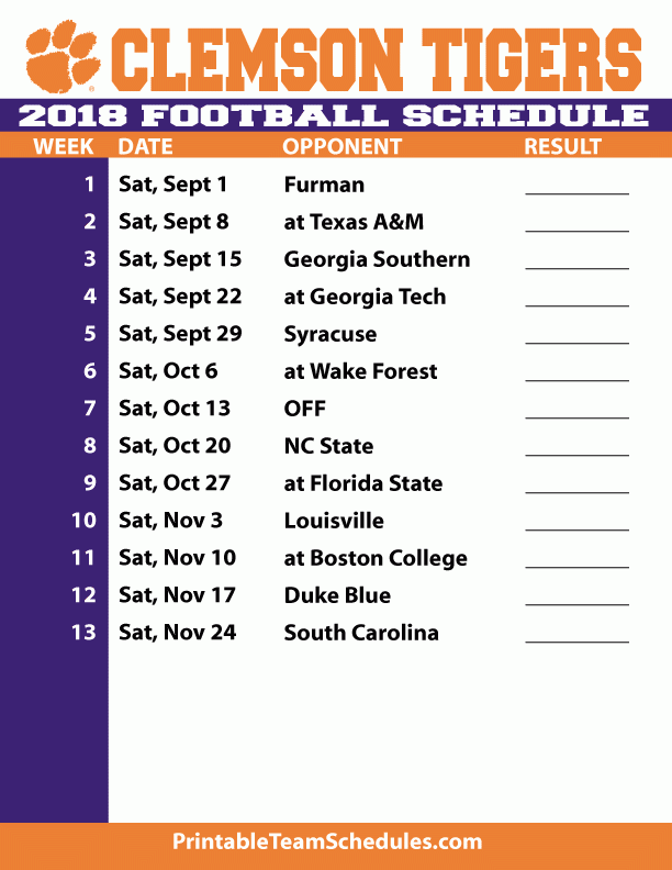 2018 Clemson Tigers Football Printable Schedule Clemson 