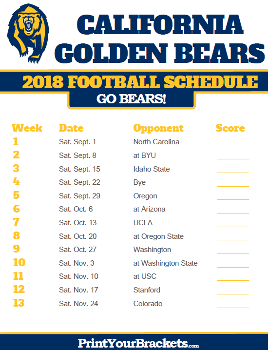2018 Printable California Golden Bears Football Schedule 