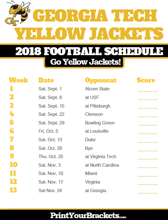 2018 Printable Georgia Tech Yellow Jackets Football