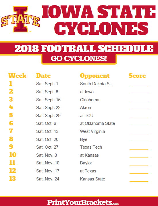 2018 Printable Iowa State Cyclones Football Schedule 