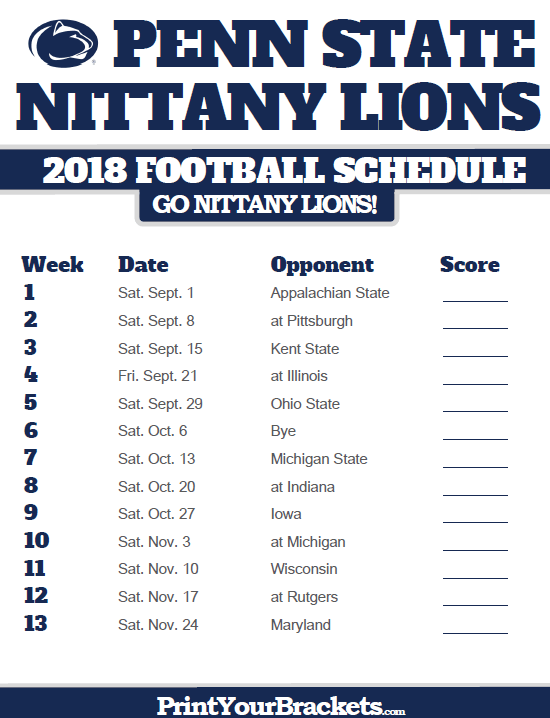 2018 Printable Penn State Nittany Lions Football Schedule 