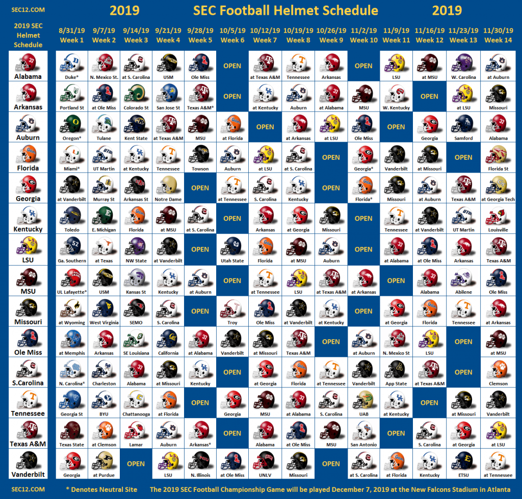 2019 SEC Football Helmet Schedule SEC12 SEC Football