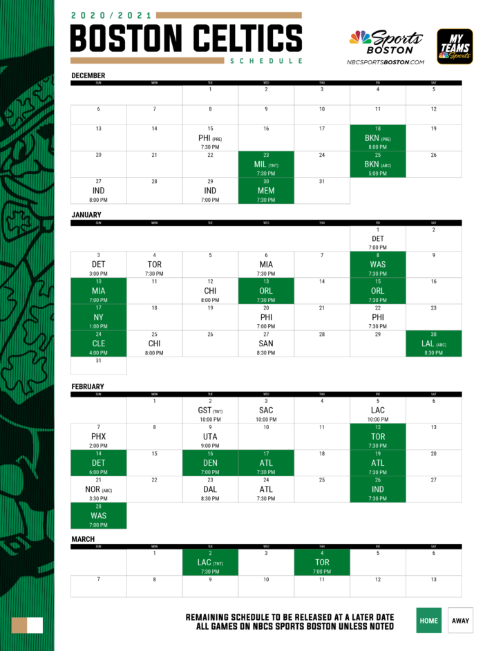 2020 2021 Boston Celtics Printable Schedule NBC Sports Printable Schedule