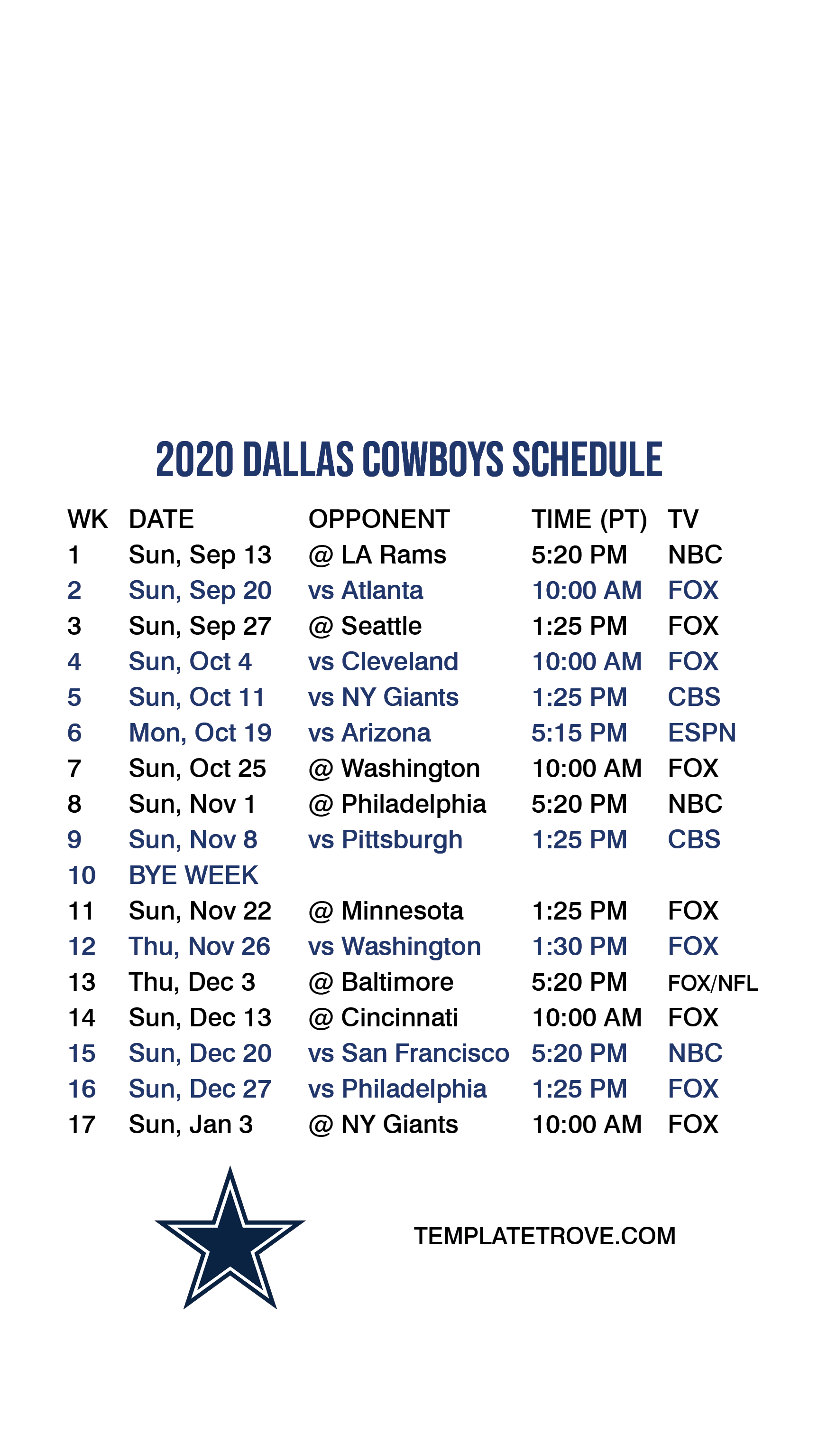 Dallas Cowboys Schedule 2021 Printable