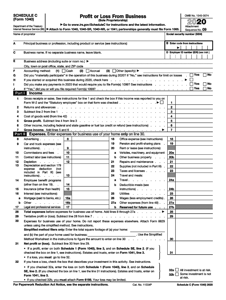 2020 Form IRS 1040 Schedule C Fill Online Printable 