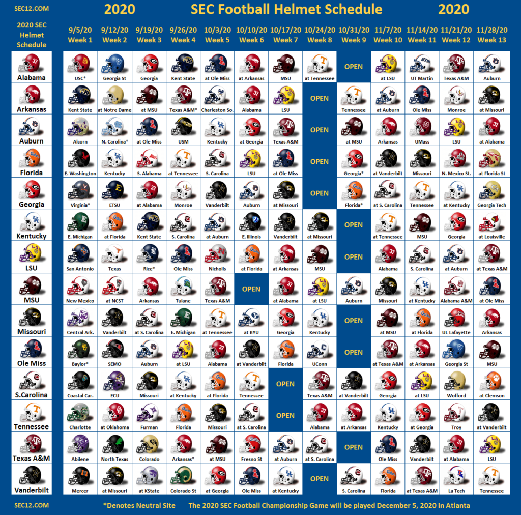 2020 SEC Football Helmet Schedule SEC12 SEC Football