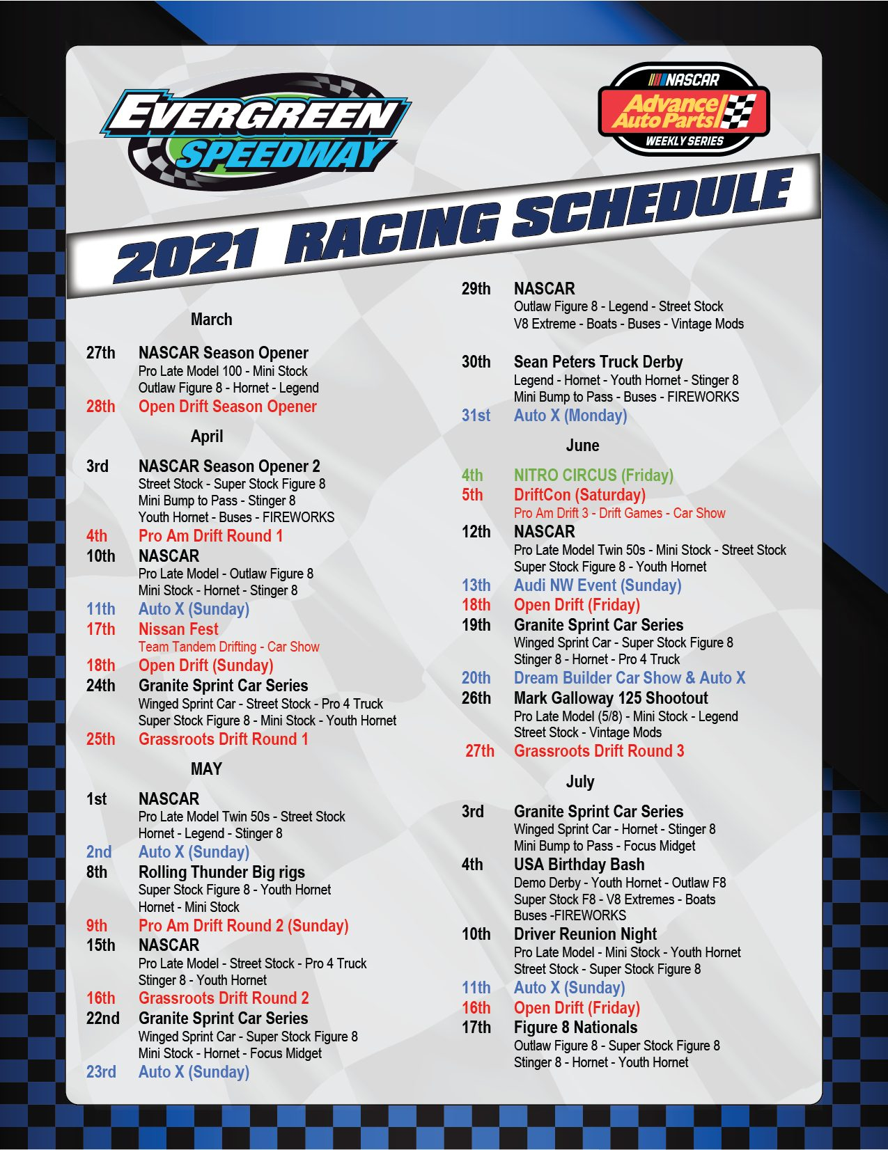 2021 Schedule Evergreen Speedway