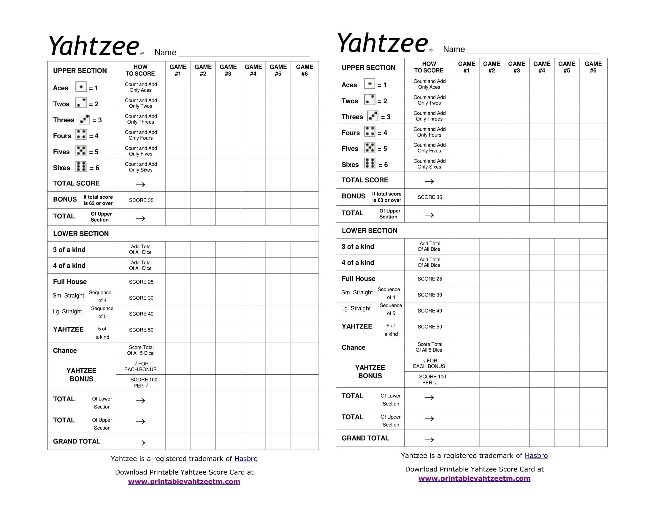 Printable Yahtzee Score Card-1