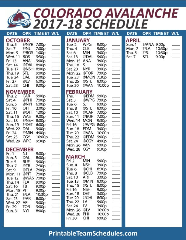 Avalanche Schedule Printable PrintAll