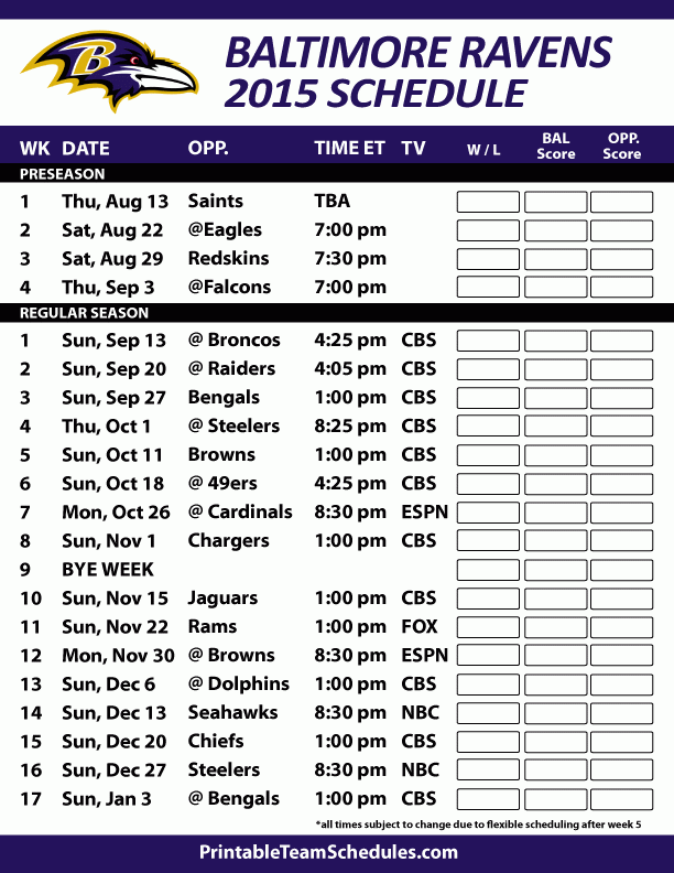 Baltimore Ravens Schedule 2015 16 Ravens Schedule 