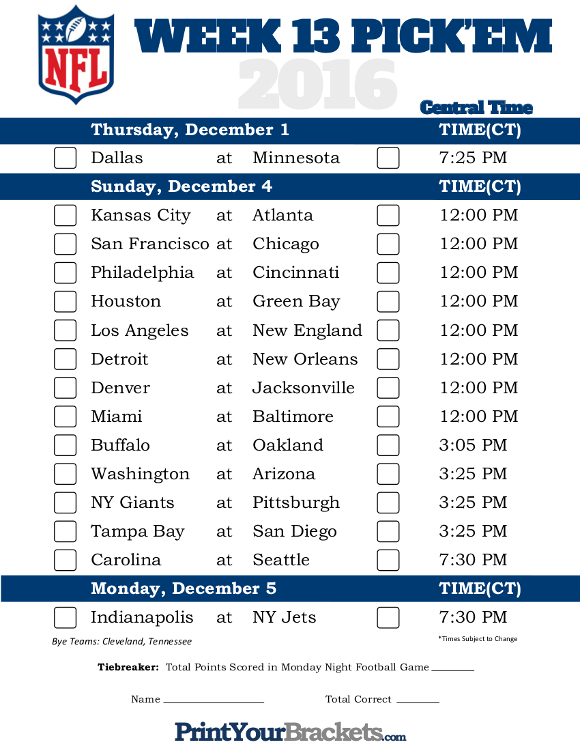 Central Time Week 13 NFL Schedule 2016 Printable