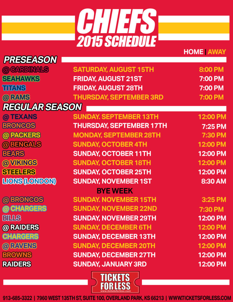 Chiefs Printable Schedule 2015 Kansas City Chiefs Schedule