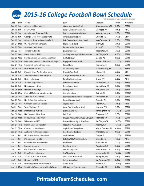 College Football Bowl Games Schedule Print Schedule Here