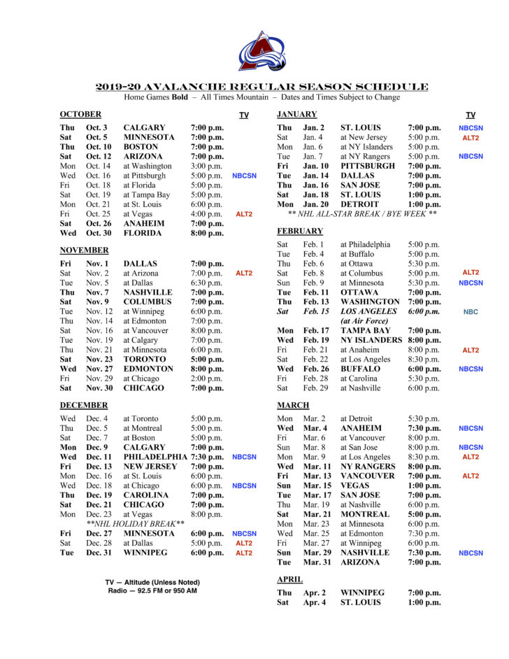 Colorado Avalanche Printable Schedule Printable Schedule