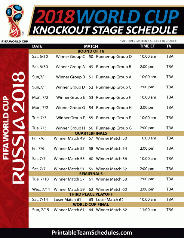 FIFA World Cup Knockout Stage Schedule 2018 Print Http 
