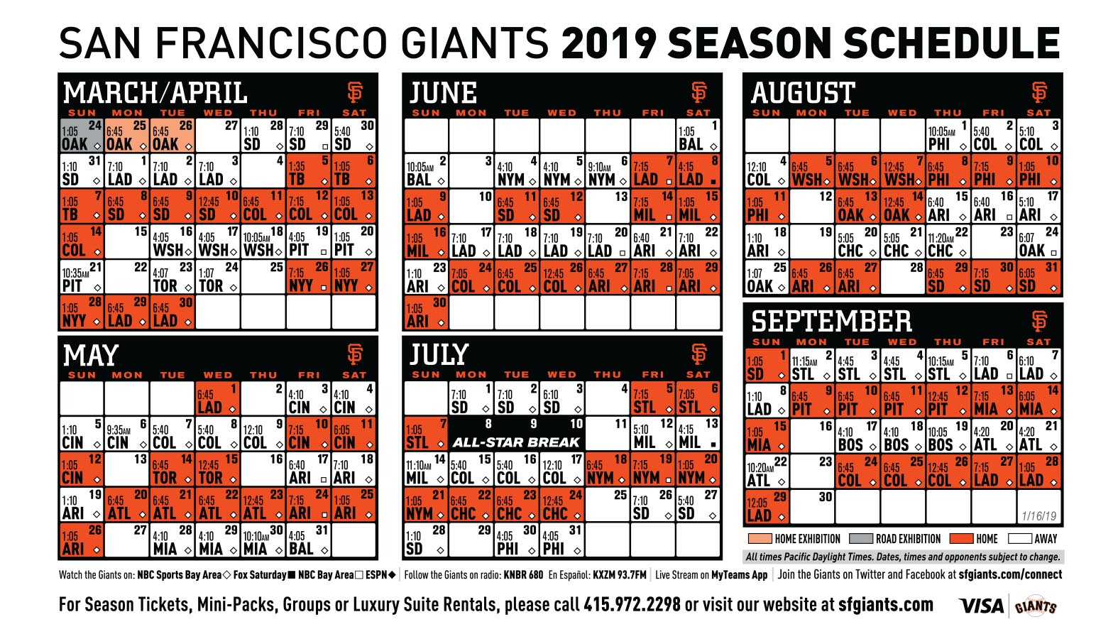 Giants 2019 Printable Schedule San Francisco Giants