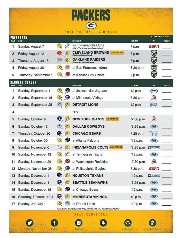 Green Bay Packers Printable Schedule