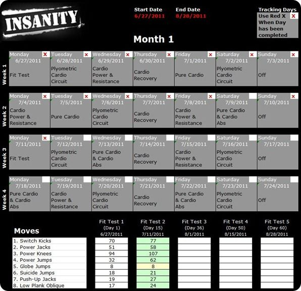 Insanity Calendar Month 1 Insanity Workout Schedule