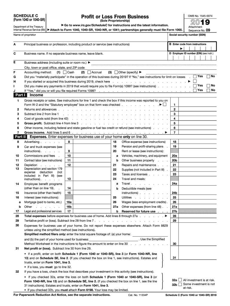 IRS 1040 Schedule C 2019 Fill Out Tax Template Online