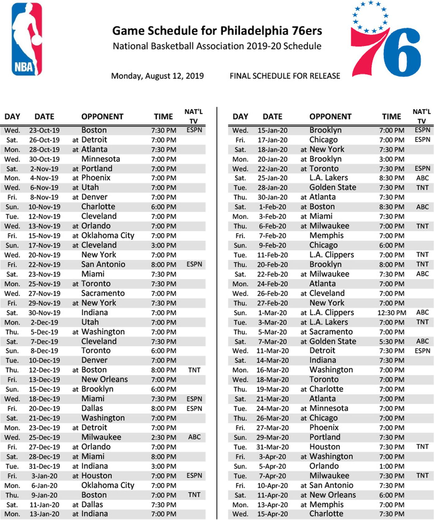 Lakers Printable Schedule 2019