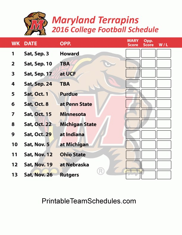 Maryland Terrapins Football Schedule 2016 Printable 