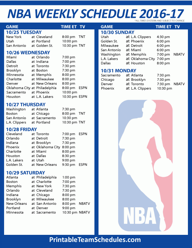 NBA Basketball Weekly Schedule 2016 2017 Print Here 