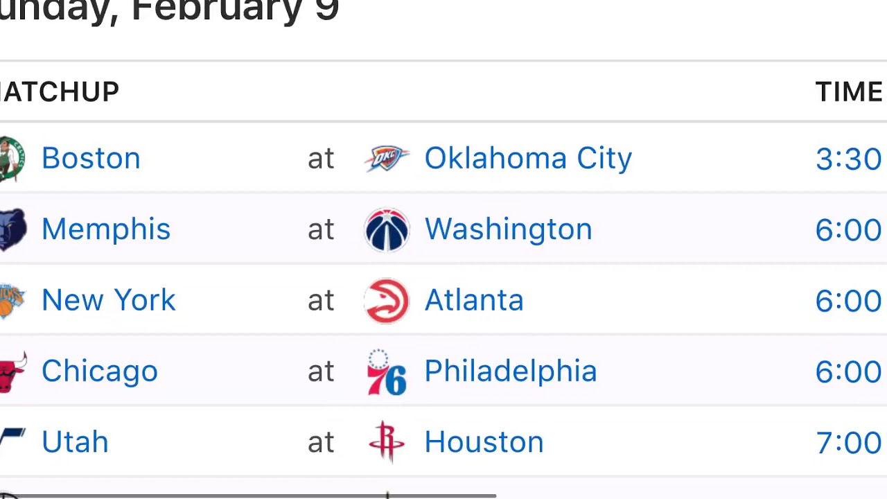 NBA Schedule For February 9 2020 YouTube