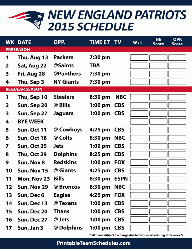 New England Patriots 2015 Schedule Printable Version Here