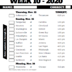 NFL Week 10 Confidence Pool Sheet 2020 Printable