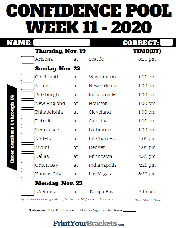 NFL Week 11 Confidence Pool Sheet 2020 Printable