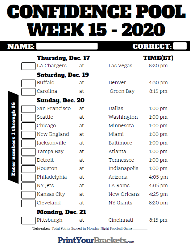 NFL Week 15 Confidence Pool Sheet 2020 Printable