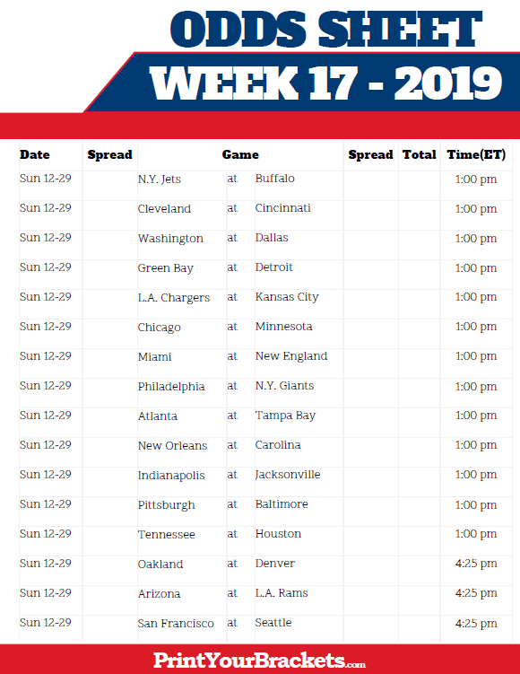 Nfl Week 17 Schedule Printable That Are Sweet Brad Website