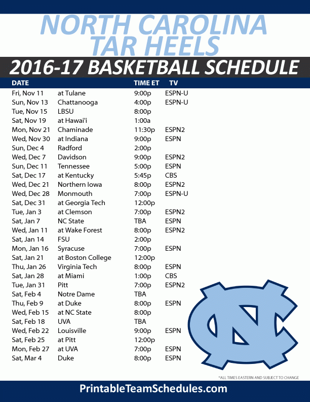 Printable Unc Basketball Schedule Printable Schedule