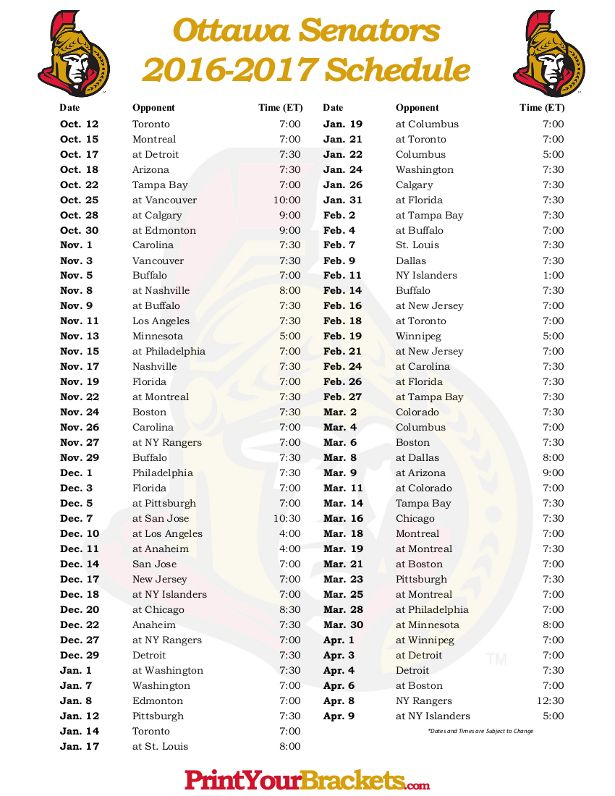 Ottawa Senators 2016 17 Schedule Hockey NHL Senators