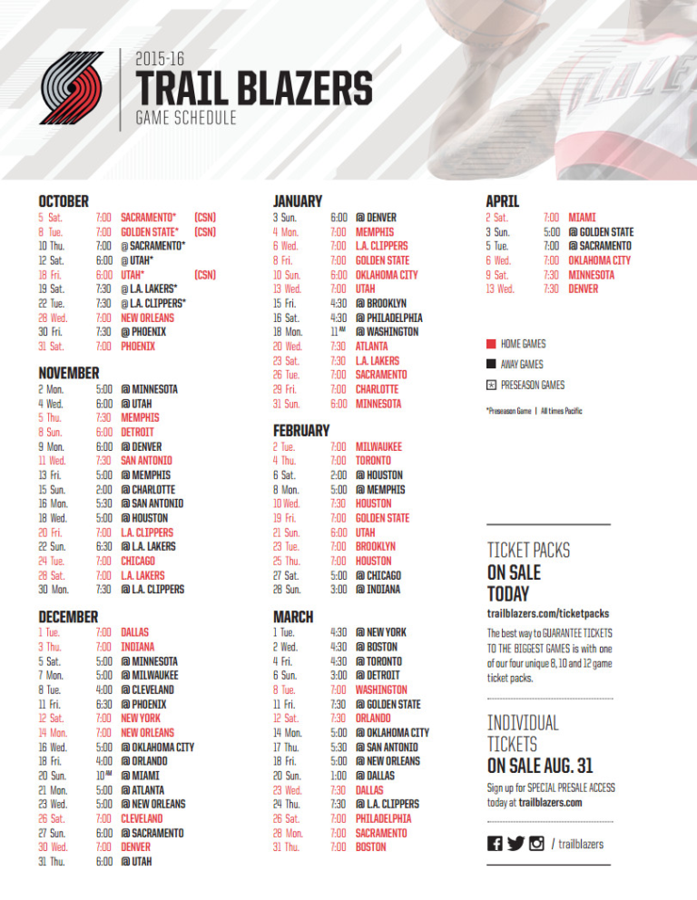 PORTLAND TRAIL BLAZERS SCHEDULE Emanda Seres | Printable Schedule