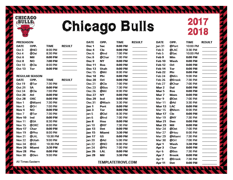 Printable 2017 2018 Chicago Bulls Schedule