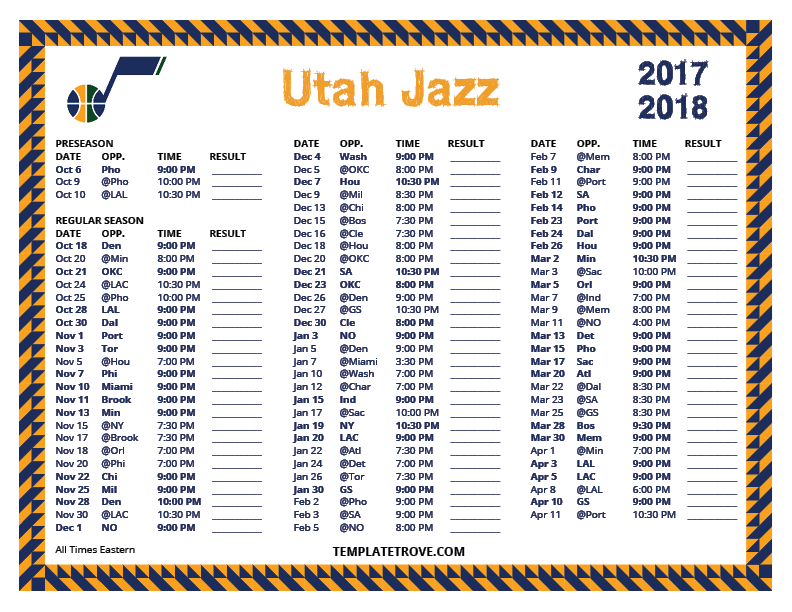 Printable 2017 2018 Utah Jazz Schedule