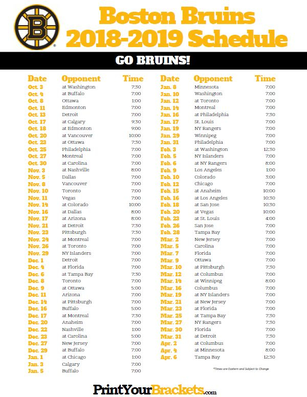 Printable 2018 2019 Boston Bruins Hockey Schedule With