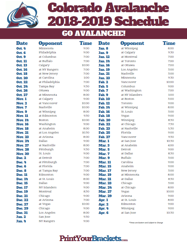 Avalanche Printable Schedule Printable World Holiday