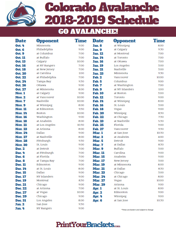 Avalanche Printable Schedule - Printable World Holiday