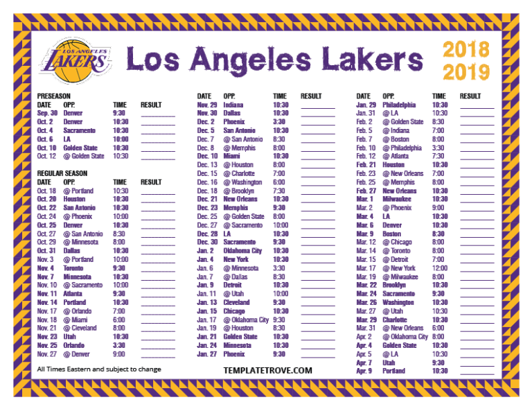 Printable 2018 2019 Los Angeles Lakers Schedule Printable Schedule