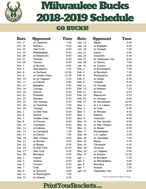 Printable 2018 2019 Milwaukee Bucks Schedule Milwaukee